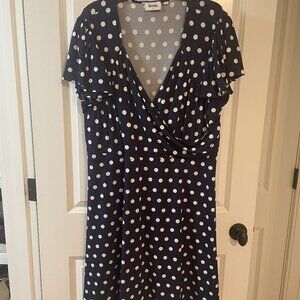 Leota Swing Faux Wrap Dress - Navy Polka Dot